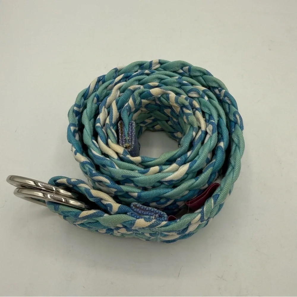 Lilly Pulitzer Woven Belt Braid silver D Ring Cotton Size Medium blue Aqua white